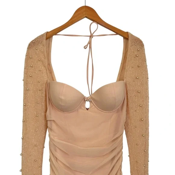 Oh Polly St. Germain Ruched Embellished Beaded Long Sleeve Mini Dress Sz 6 Beige - Picture 6 of 12